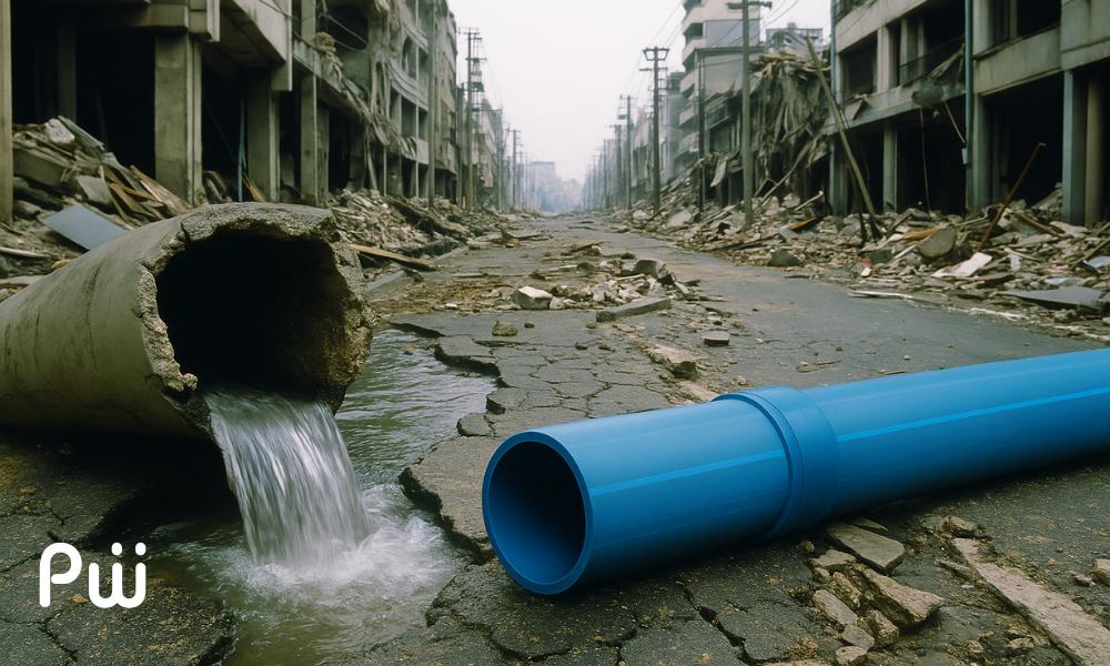 AI-generated conceptual illustration of HDPE pipe performance after earthquake damage.
